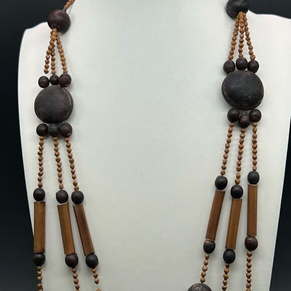 Chunky Boho Wood Necklace Brown Bead Disk Round Beads VTG Southwest Classic - Picture 2 of 6